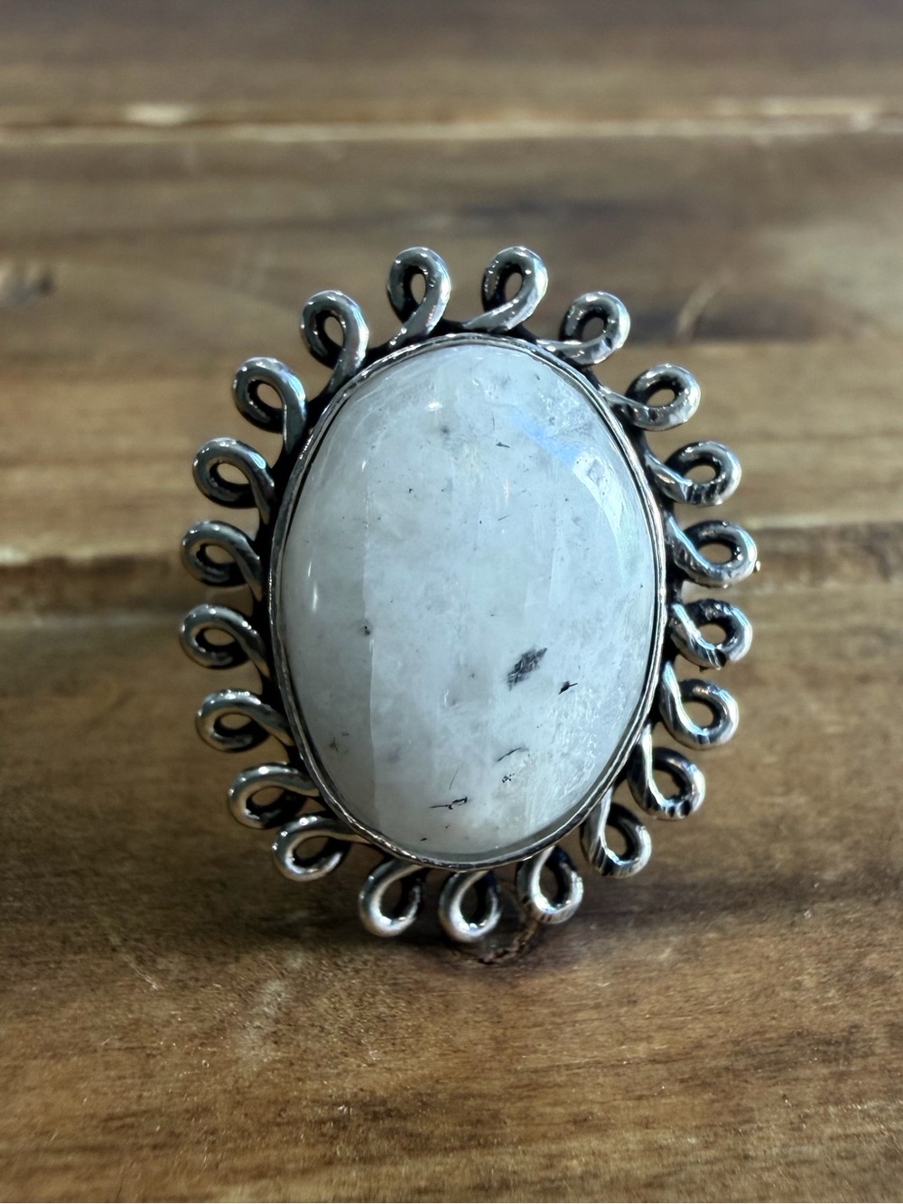 Rainbow Moonstone Crystal Gemstone Ring Size 8 Silver Jewelry 925 Plated Vintage